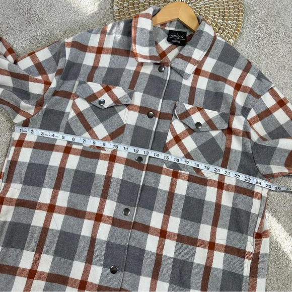 HFX Wool Blend Flannel Plaid Shacket Jacket Western Relaxed Fit Gray/Brown L - Picture 5 of 16